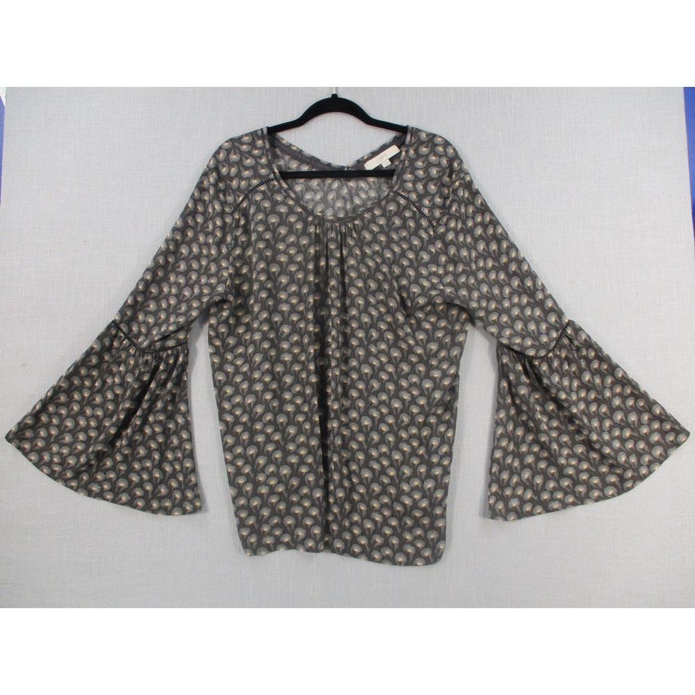 LOFT Dark Gray Brown‎ Abstract Boho Peasant Blouse Top Womens Size L